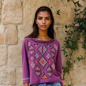 Boho embroidered french terry sweater m